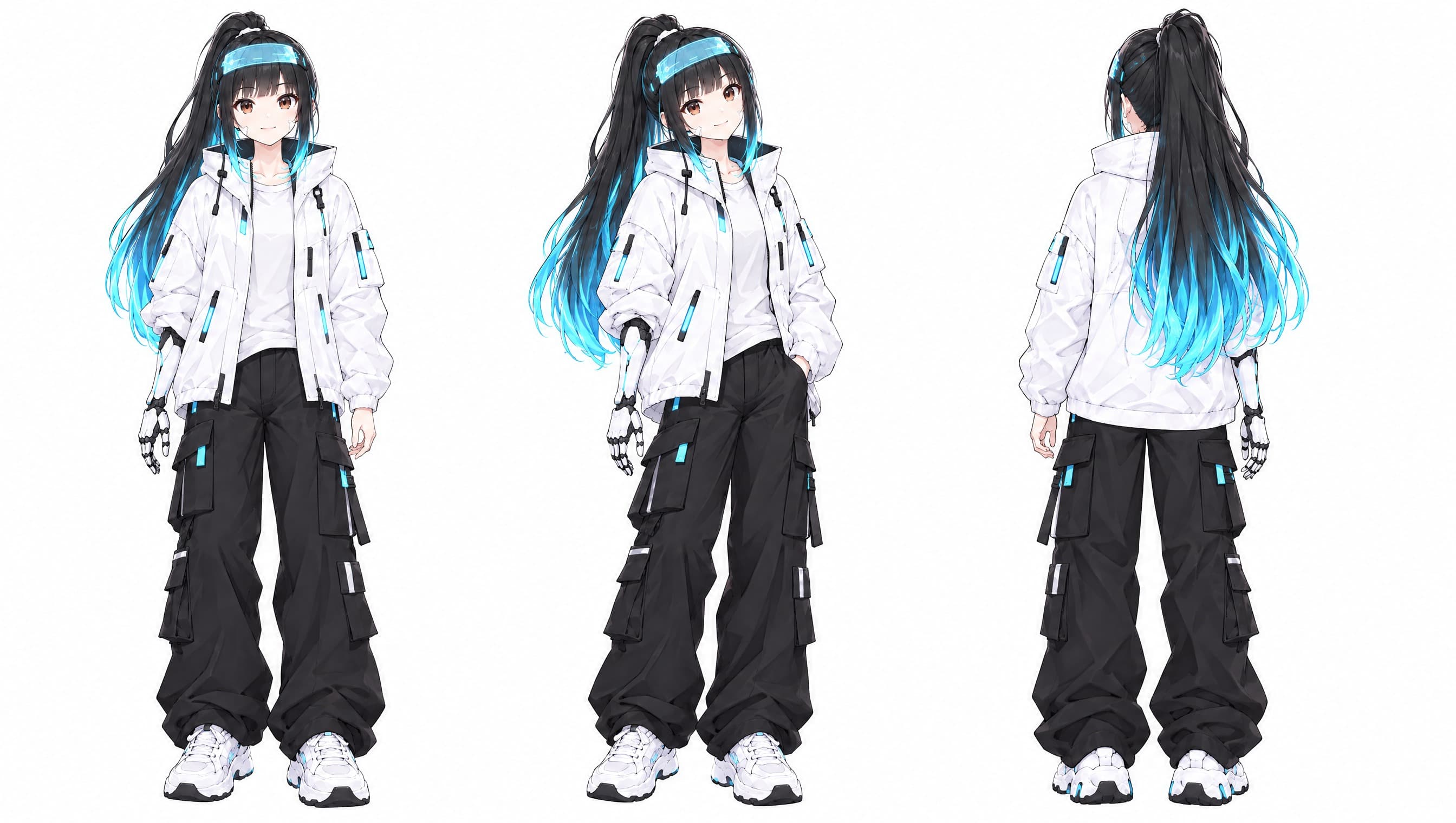MirAi reference sheet: front, three-quarter and back views